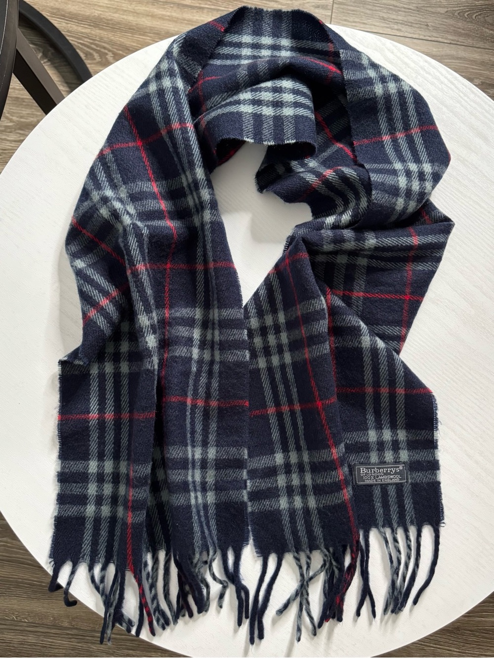 Authentic Vintage Burberrys London Navy Nova Check Plaid Lambswool Fringe Scarf